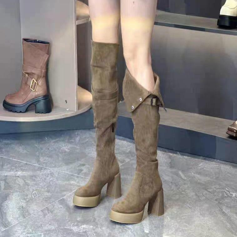 Women's 2025 Retro Rivet Suede Slimming Over-the-Knee Chunky Heel Western Cowboy Boots