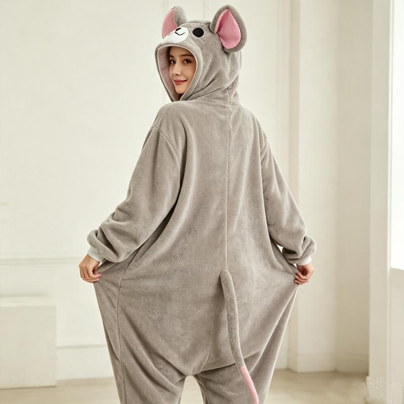Szary Mysz Kigurumi dla Dorosłych Piżama Anime Kombinezon z Kapturem Polarowy Cosplay na Halloween Odzież Domowa