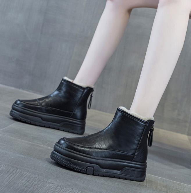 Fashion 5cm Ankle Boots Genuine Leather Spring Winter Plush Knee High Women Autumn Motorcycle Platform Wedge Fashion Shoes