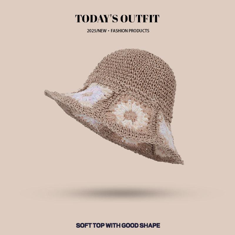 New Spring and Summer Casual Versatile Fisherman Hat Summer Sweet Flowers Hand Woven Straw Hat Travel Sun Protection Sun Hat