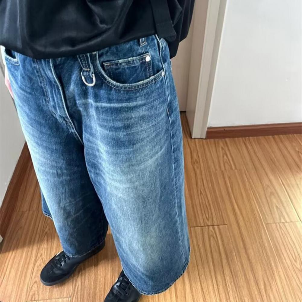 Men Women Denim Shorts Mid-rise Button Zipper Fly Wide Leg Thin Washed Denim Pants Retro Solid Color Short Jeans