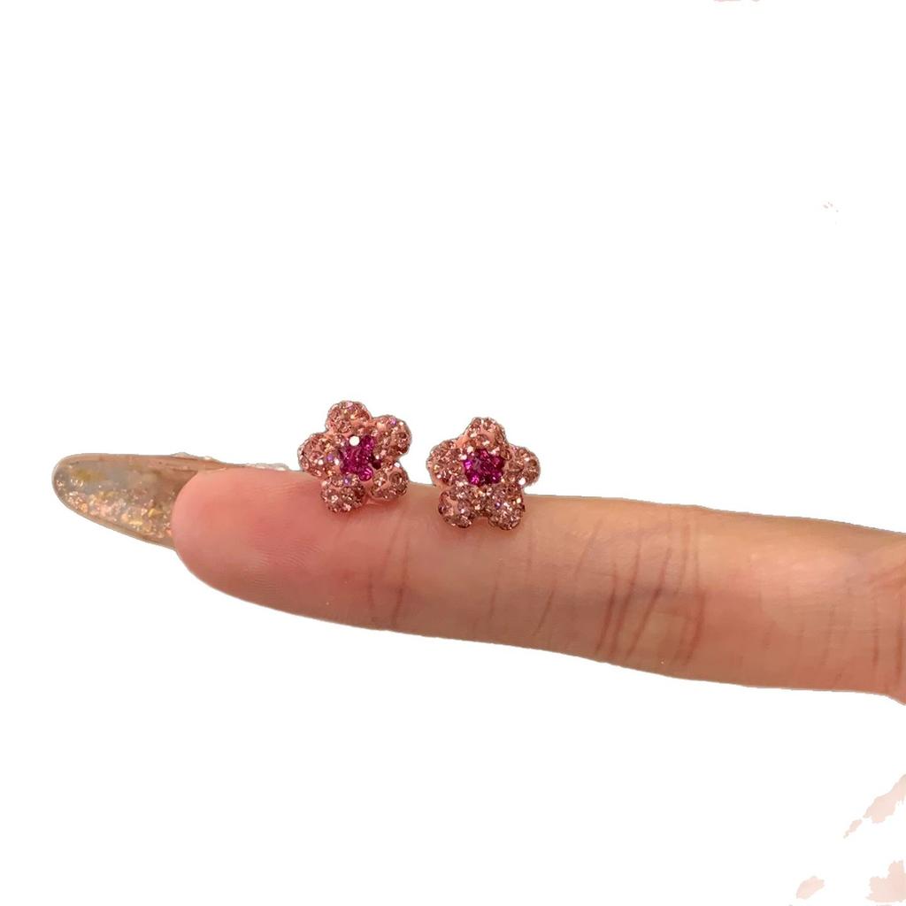 Süße, funkelnde Ohrstecker voller Diamanten, Kleine rosa Blumenohrstecker, Schlicht, Modisch und vielseitig, Niedliche und zarte Ohrringe für Frauen