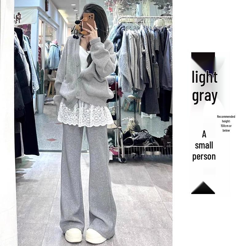 High Waist Deep Grey Flare Pants - Petite Slimming Casual Sweatpants for Women