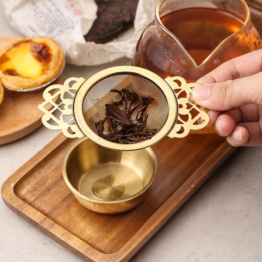 1pc Stainless Steel Tea Filter Gold Household Tea Strainer with Chassis Tea Partition Filter Double Ear Tea Filter