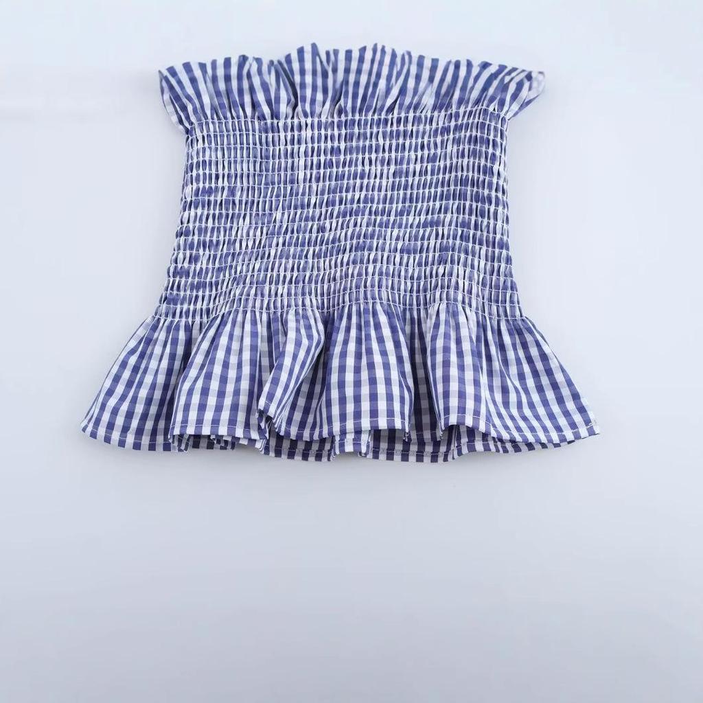 2025 Spring Women's European & American Style Striped Tie-Up Ruched Waist Top
