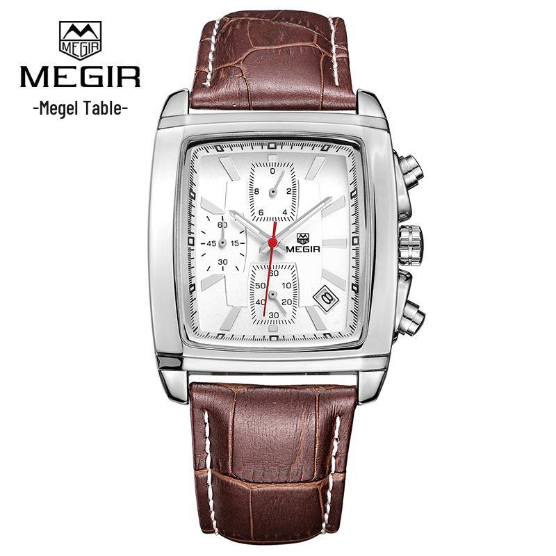 Megir 2028 Fashionable Retro Men's Chronograph Square Leather Watch