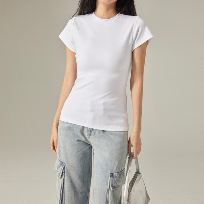 High quality solid color slim short-sleeved T-shirt women s summer slim-fit crew neck small top S белый