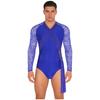 Mens Latin Dance Wear Floral Lace Long Sleeve Ruched Mesh Layer Chain Tassel Button Crotch Leotard