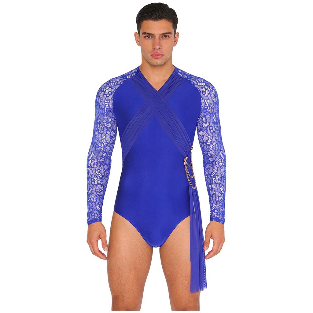 Mens Latin Dance Wear Floral Lace Long Sleeve Ruched Mesh Layer Chain Tassel Button Crotch Leotard
