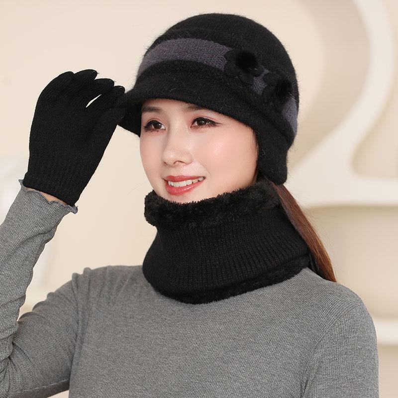 Ladies rabbit fur knitted thermal cap in the elderly grandmother fleece cold wool ear hat fashion mother