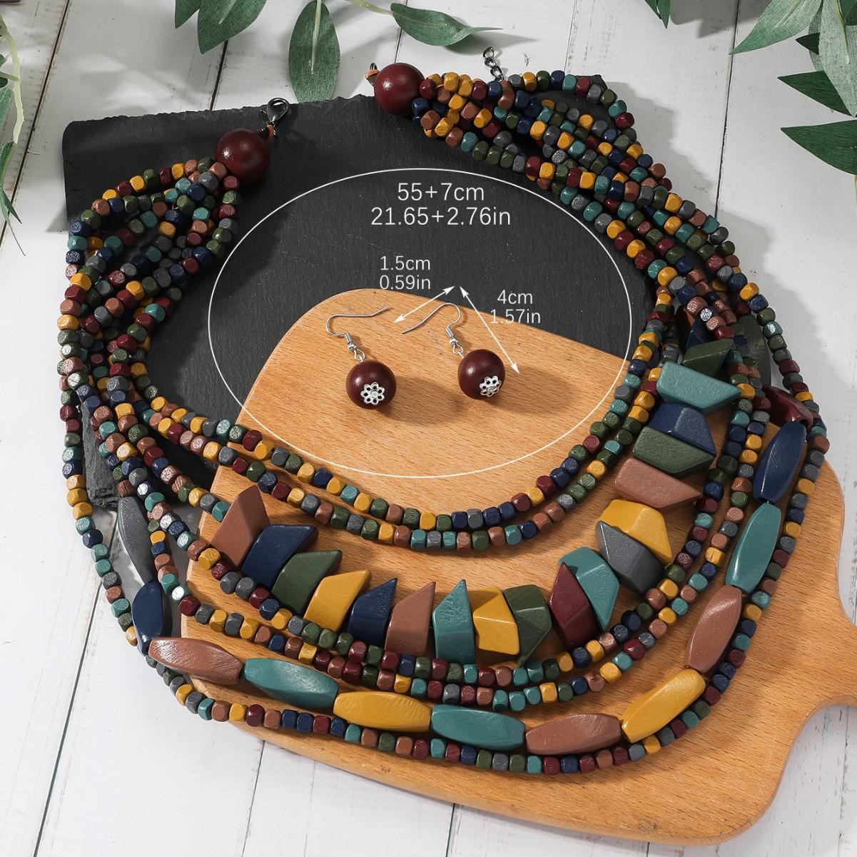 Этническое Стиль Красочное Деревянное Многослойное Длинное Ожерелье для Сценического Образа