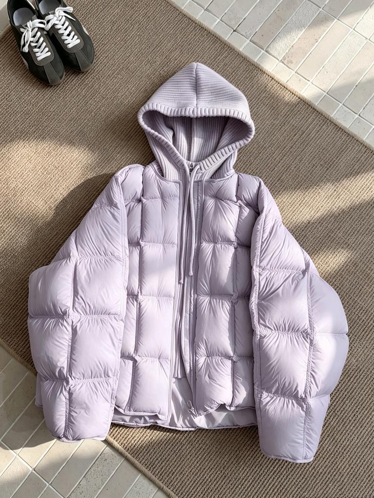 Knitted Hooded Puff Cotton-padded Clothes for Women's New Fake Two-piece Loose Cotton-padded Clothes, Warm and Thickened Cotton-padded Jacket.