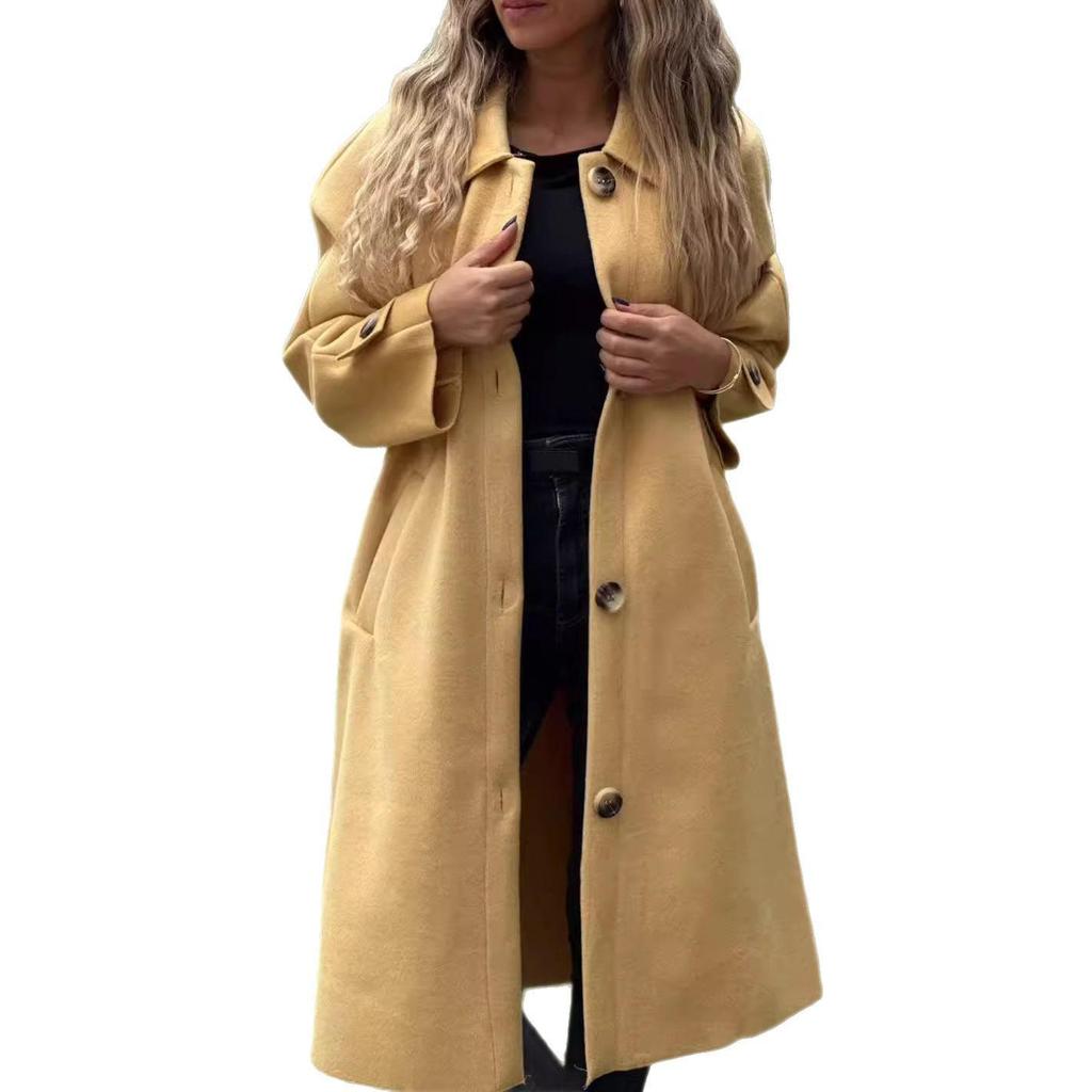 2025 Autumn/Winter Casual Woolen Coat Jacket - Solid Color with Buttons