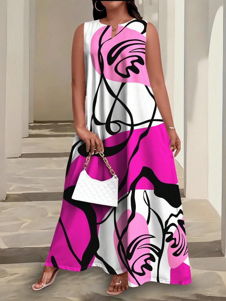 Plus Size African Impressionist Gold Leopard Sleeveless Long Dress