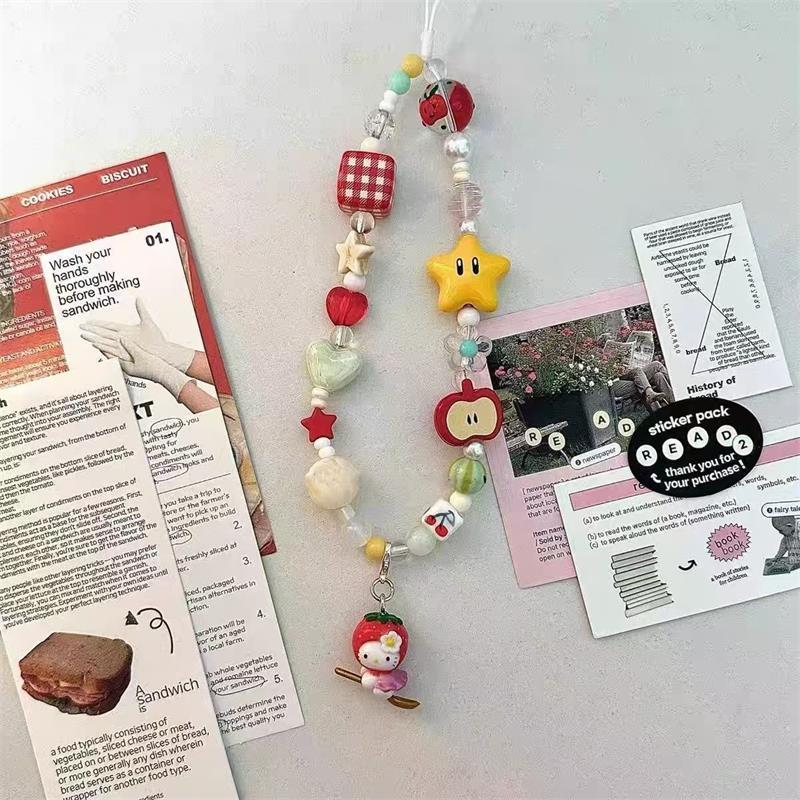 Cute Sanrio Hello Kitty Bow Beaded Phone Chain Hand Ropes Keychain Pendants Keyring Girly Phone Wrist Strap Kt Bag Hanging Gifts