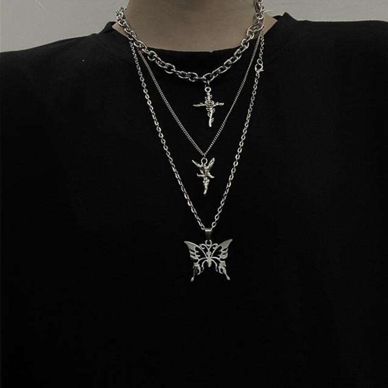 Punk Multi-Layered Chain Necklace Women Silver Butterfly Cross Angel Pendants Hip Hop Grunge Street Jewelry