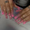24 Pcs Pink French Tip Long Coffin Press On Nails With Love Rhinestone Design Wearable Fake Nail Manicure Tips