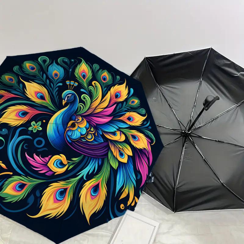 1pc Colorful Peacock Feather Mandala Umbrella with Plastic Handle,Suitable for All Seasons Home Travel Outdoor UmbrellaDD1107