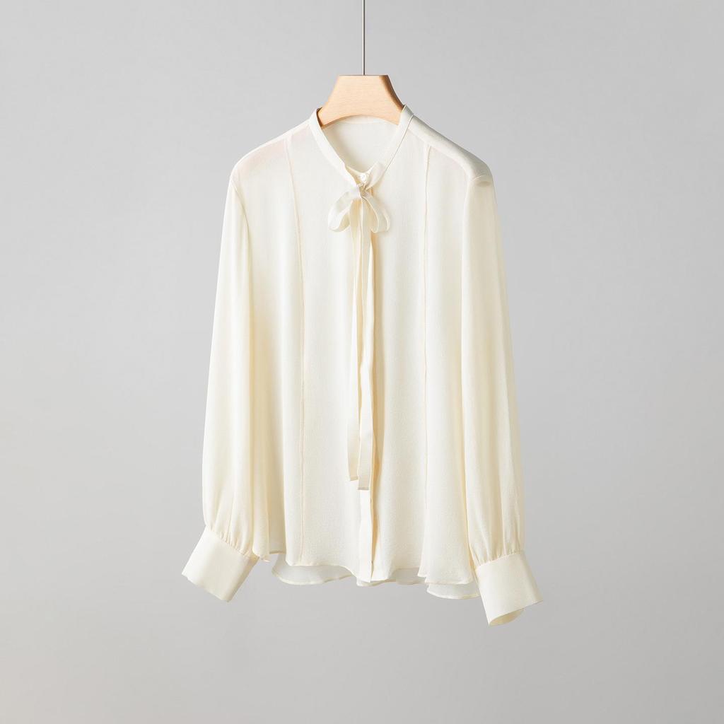 Women's Spring Silk Ribbon Shirt: Mulberry Silk French-Style Long Sleeve Top