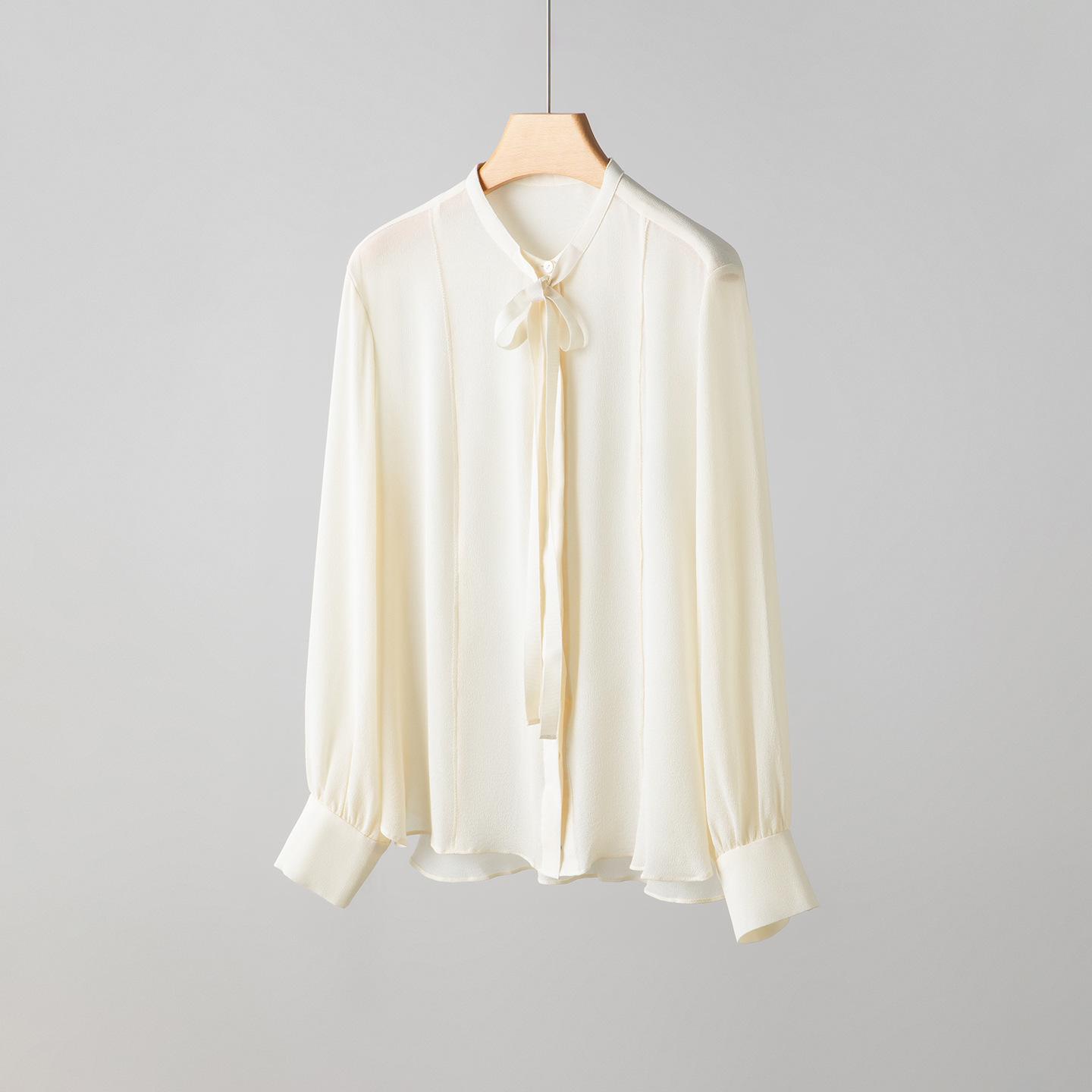 Women s Spring Silk Ribbon Shirt: Mulberry Silk French-Style Long Sleeve Top L бежевый