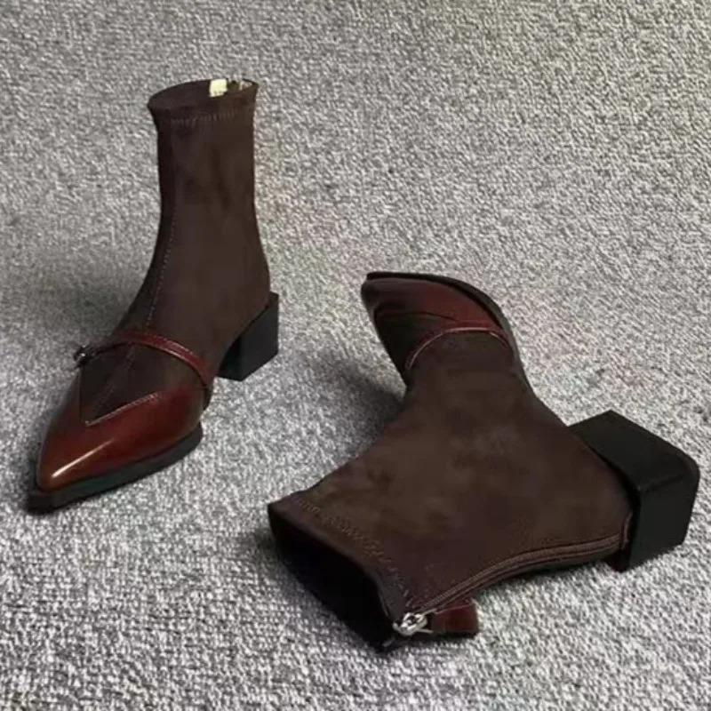 Autumn Women's Versatile Fashion Pointed Thick Heel Niche Design Suede Short Boots  2026  New Splicing Short Boots Plus Size