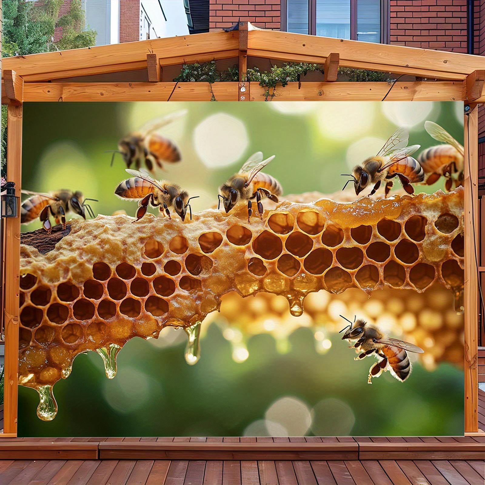 The oversized beehive on the Oak Party banner - a vibrant beehive and busy bee photo background, made of polyester material 100x150cm