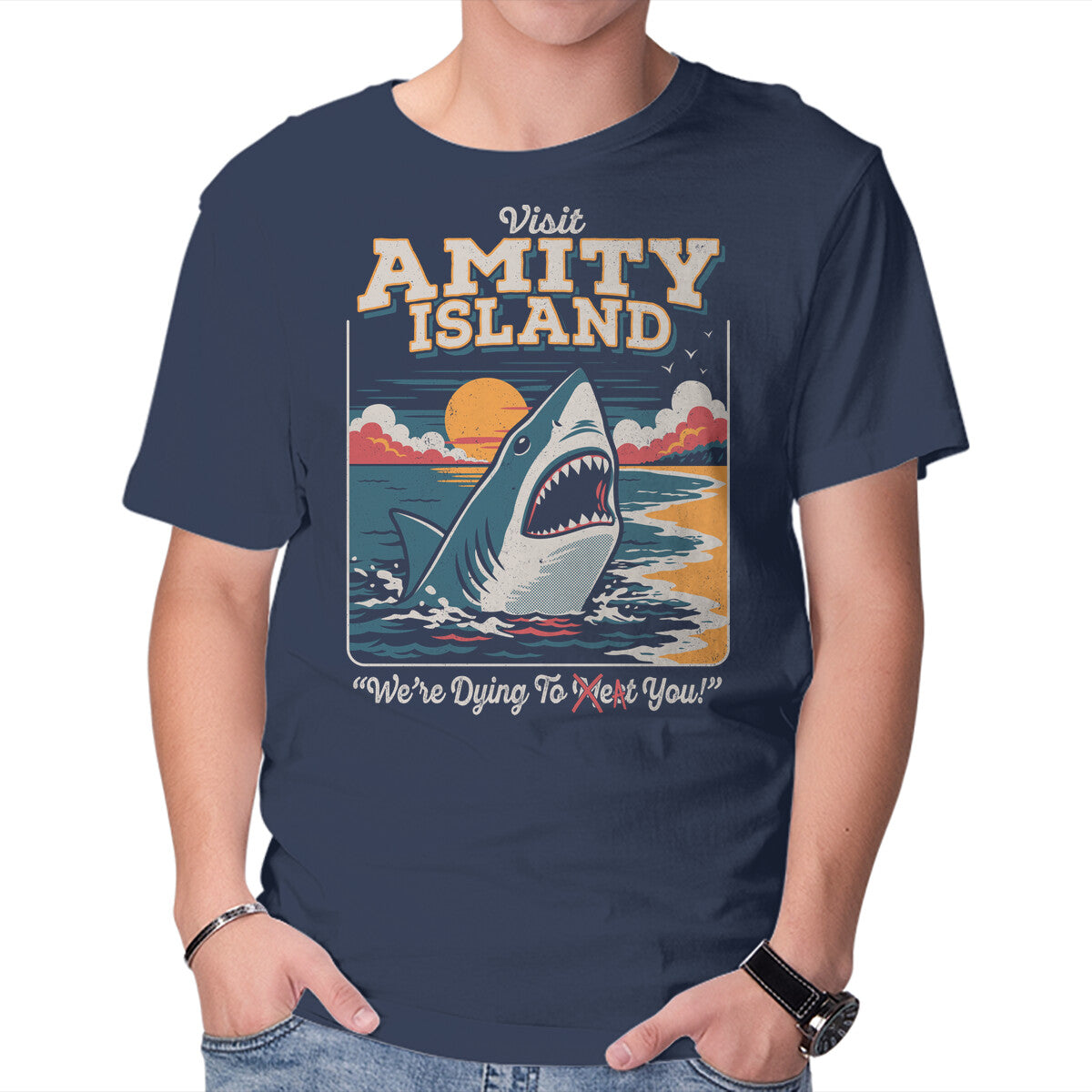 Unisex Crew Neck T-Shirt Visit Amity Island Graphic Short Sleeve Casual Tee XXXL