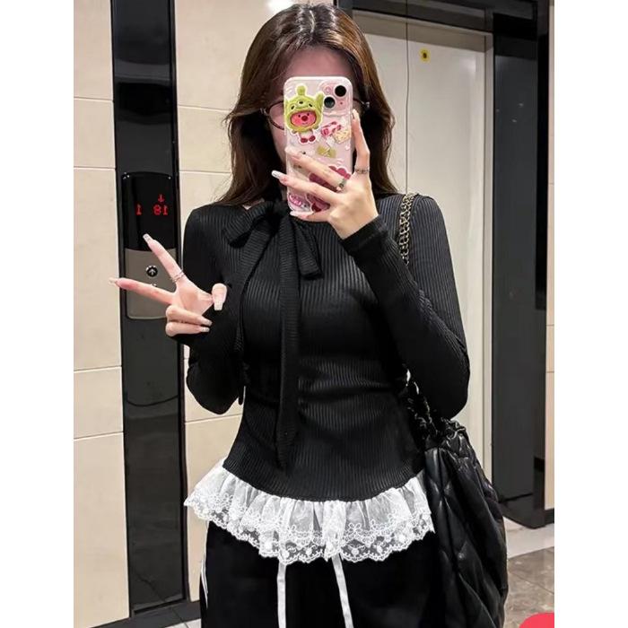 Bow hem lace splicing long-sleeved t-shirt women's spring and autumn French sense pure desire style slim-fitting bottoming top