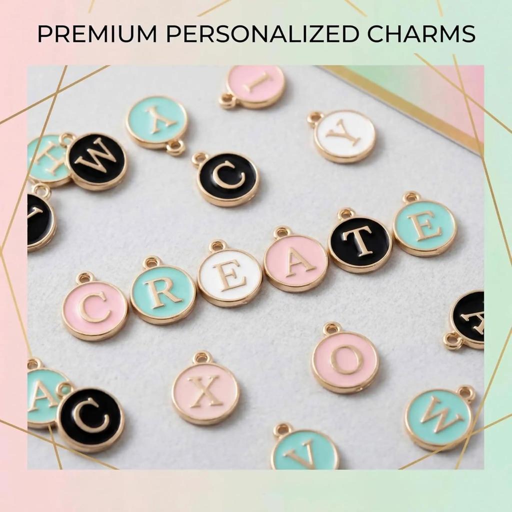 Letter Charms: 104 Pcs Alphabet Pendants in 4 Colors with Jump Rings - Initial Metal Beads for Personalized Jewelry Making - DIY Bracelet Necklace