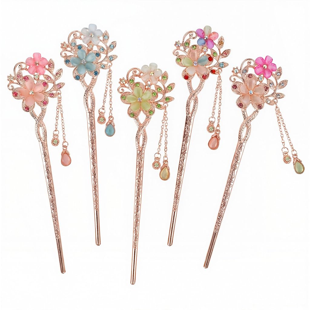 ZIBUYU® 5 Pcs Chinese Hair Stick - Vintage Metal Floral Rhinestone Hair Bun Accessories for Woman with Tassel for Women & Wedding/Festival Costume