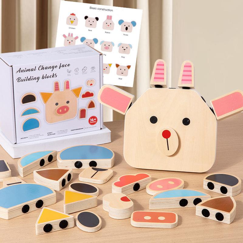 Wooden Early Childhood Children Animal Character Expression Face Changing Puzzle Game Logical Thinking Training Puzzle Building Block Toy