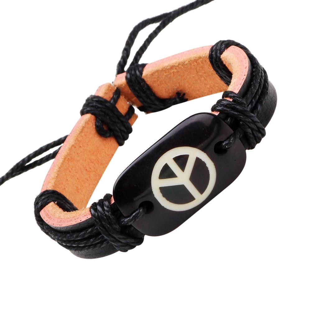 JMXD Vintage Leather Bracelet Peace Symbol Braided Pull String Adjustable Taiji Yin Yang Wrap Bracelet Unisex Boho