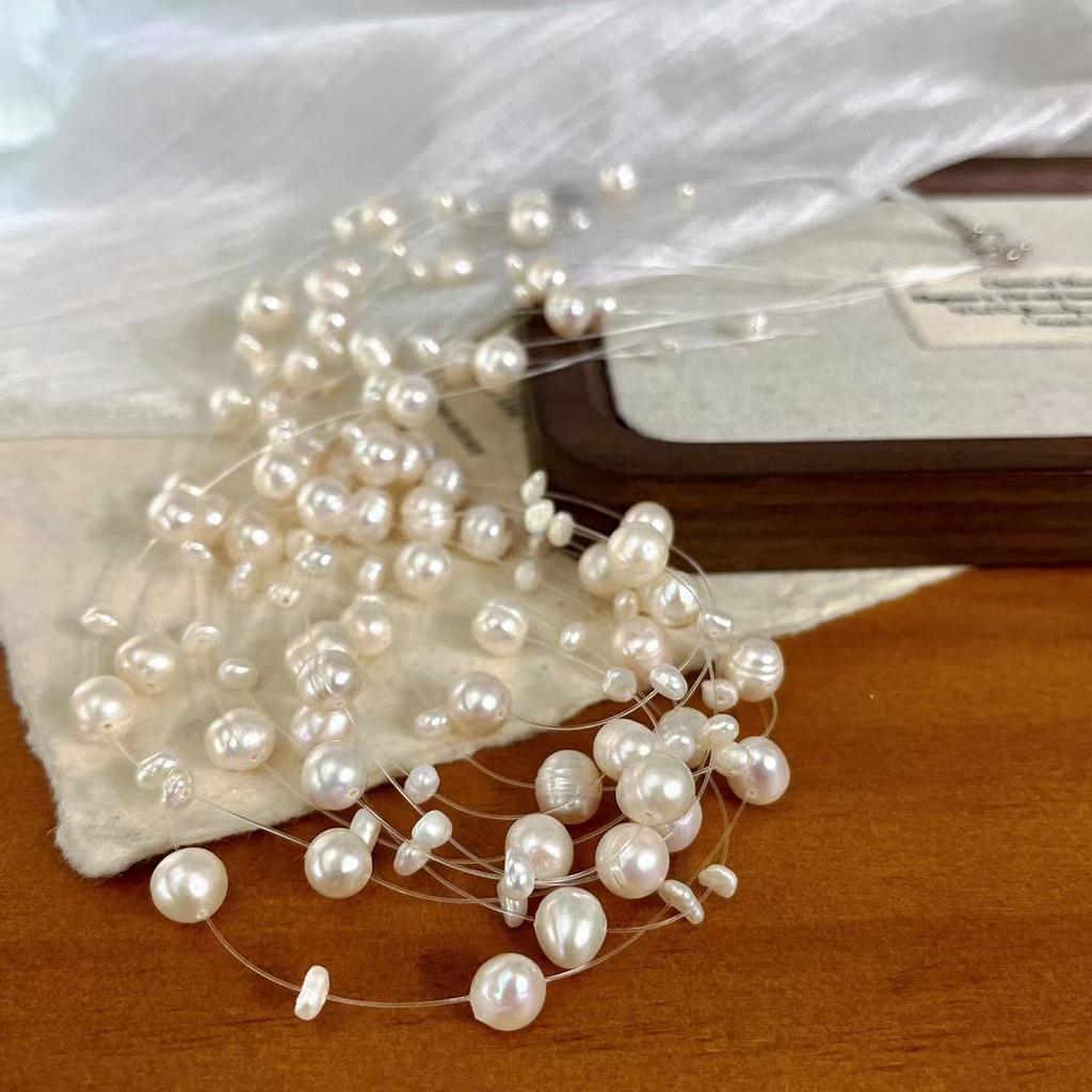 Vintage Necklace Fairy Natural Freshwater Pearl Heavy Industry Gypsy Collarbone Chain Multi-Double Evening Chain