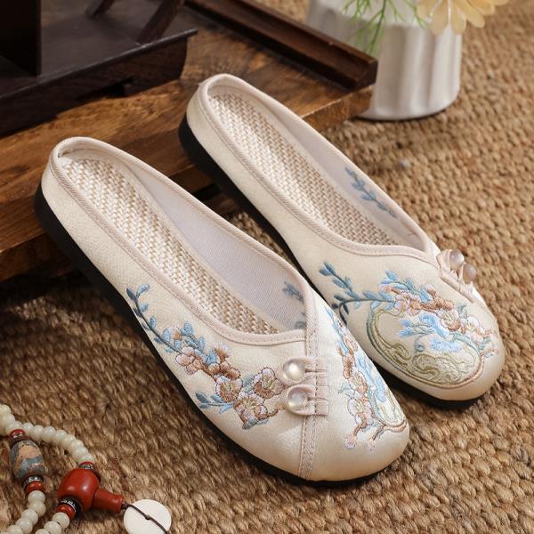 Fashion Shoes Ladies' Slippers Cover Toe Shallow Flat Rubber Floral Fabric Slides Embroider Retro Round Shoes Woman 2025 Shallow Cover T