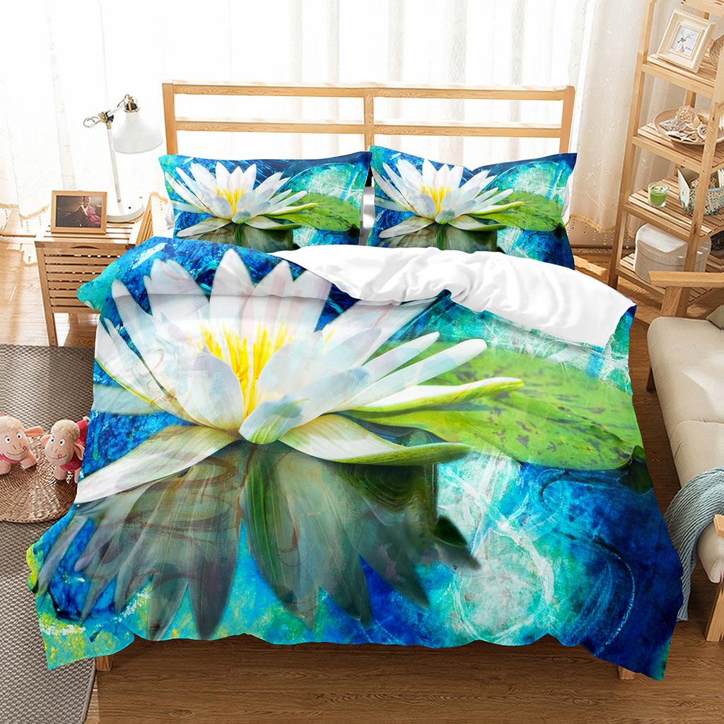 Lotus Flower Duvet Cover Set Lotus Leaf Pattern Polyester Quilt Cover King Full Size For Kids Teens Bedding Set With Pillowcase