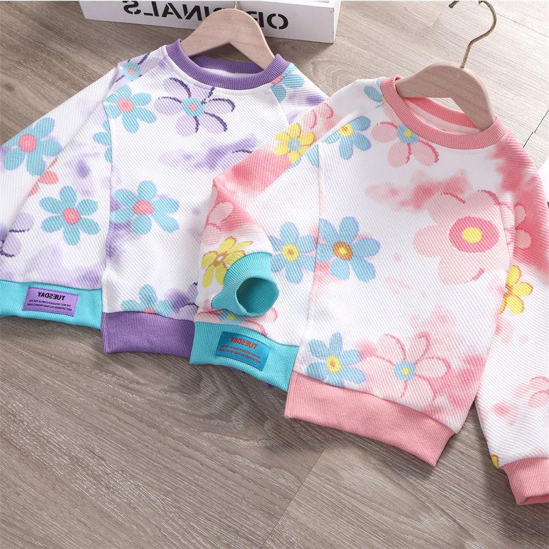 Girls Gradient Floral Print Long Sleeve Sweatshirt Casual Loose Round Neck Top For Spring Autumn