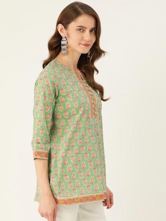 Green Printed Sequinned Pure Cotton Kurti