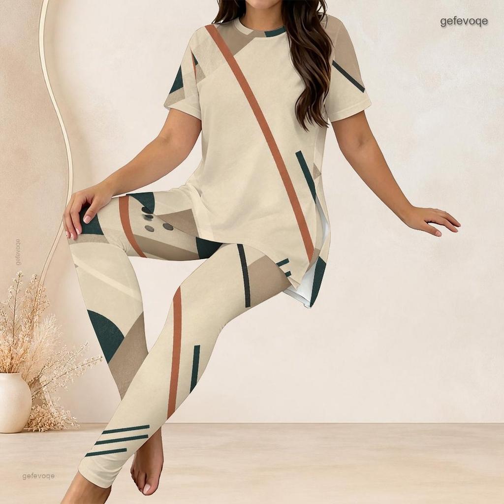 Women Plus Size White Printed Two Piece Outfit Round Neck Short Sleeve Longline Top Fitted Long Pants