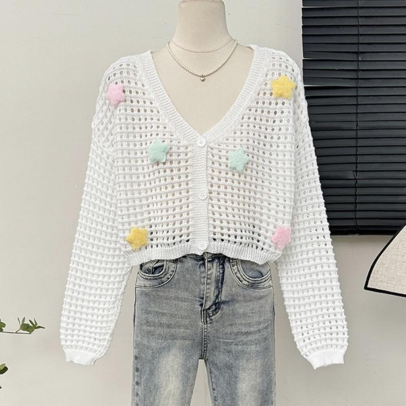 

Нежный ветер сладкий ажурный кардиган куртка женский весенне-осенний вязаный топ трехмерная звезда короткая блузка от солнца Average size 53-245 белый