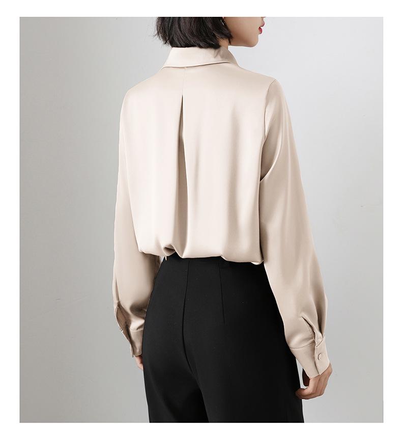Women's Retro Satin Loose-Fit Long Sleeve Shirt - Hidden Placket, Hong Kong Style, Light Luxury for Spring & Autumn
