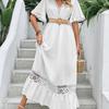 Dames V-hals Korte Mouw Kantafwerking Maxi Jurk Losse Pasvorm Hoge Taille Elegante Witte Strandjurk