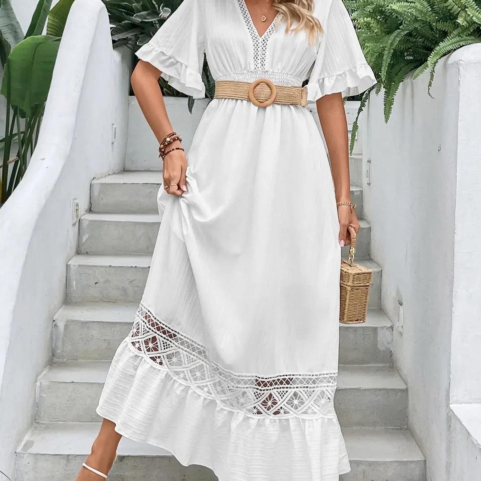 Dames V-hals Korte Mouw Kantafwerking Maxi Jurk Losse Pasvorm Hoge Taille Elegante Witte Strandjurk