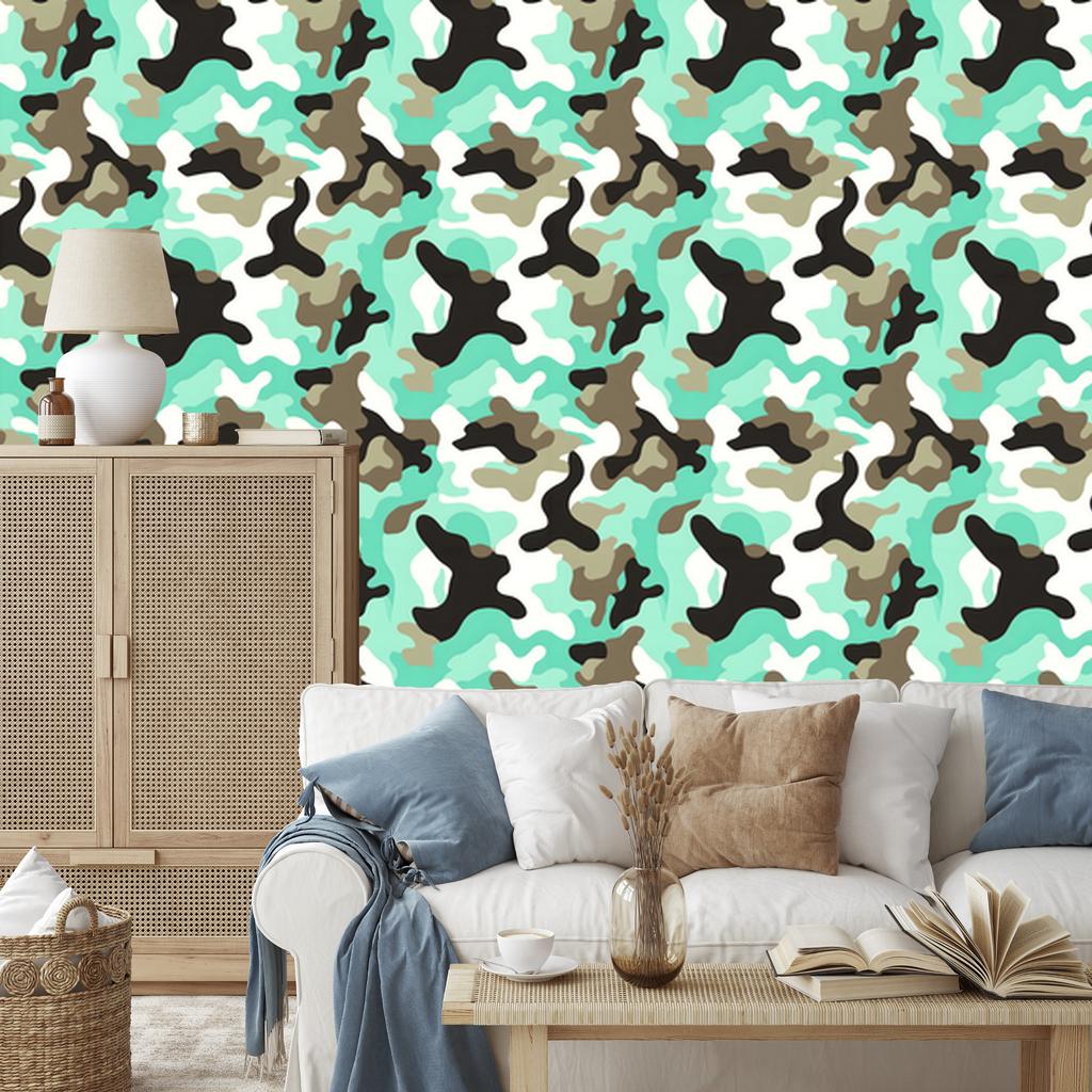 Mint and Brown Military Camouflage Wallpaper for Living Room and Bedroom 50x1000