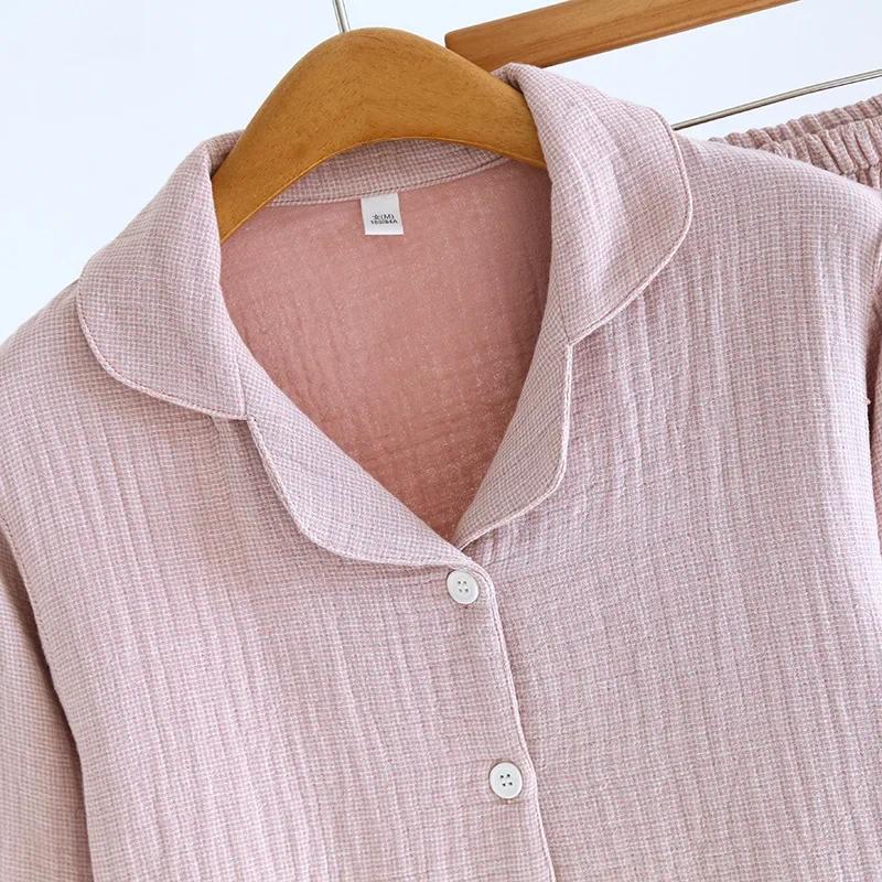 2025 Nouvel ensemble de pyjama pour couple 100 % coton pour femme, col, manches longues, pantalon long, couleur unie, ensemble deux pièces pour la maison