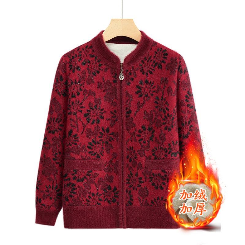 Middle-aged and Elderly Mothers Wear Spring and Autumn Knitted Cardigan Sweater Jacket Crew Neck Printed Top Loose Casual Women's Clothes