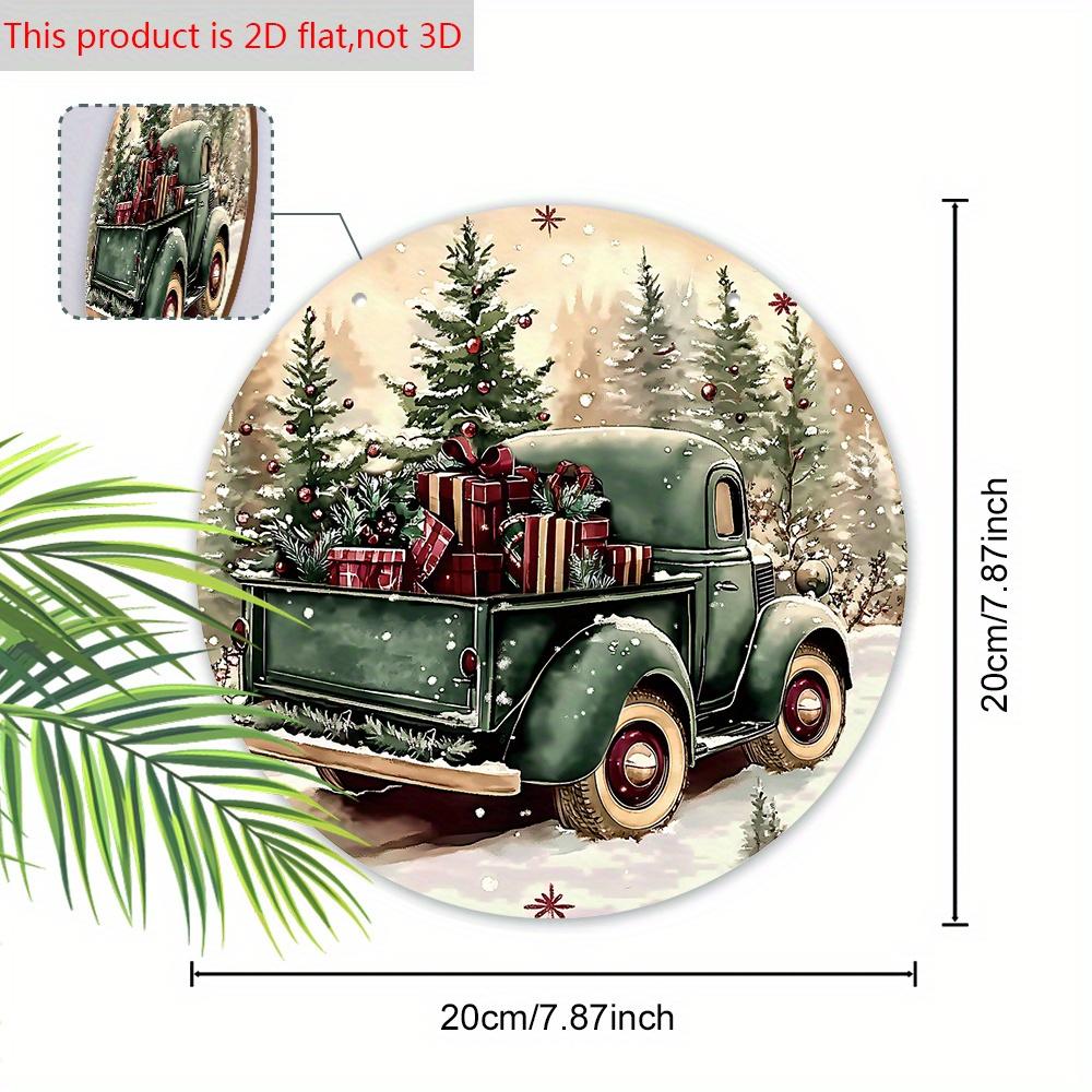 Christmas Wooden Sign with Vintage Pickup Truck Pattern, Warm Winter Round Sign for Front Door Wall Hanging Decor, Ideal Christmas Decoration
