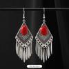 Vintage stone fringed earrings silver women's bohemian long personalized Tibetan temperament vacation earrings