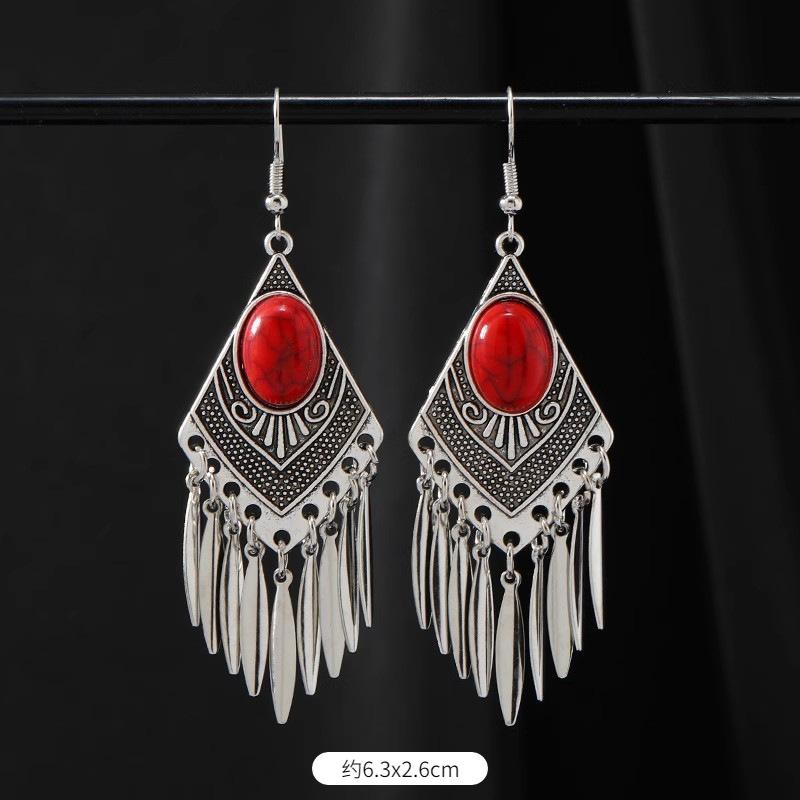 Vintage stone fringed earrings silver women's bohemian long personalized Tibetan temperament vacation earrings