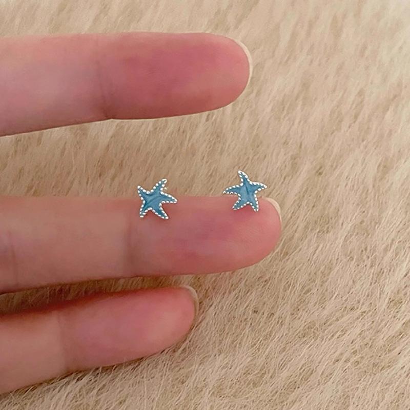 Silver Blue Starfish Mini Stud Earrings For Women Classic Fine Jewelry Light Accessories In Summer