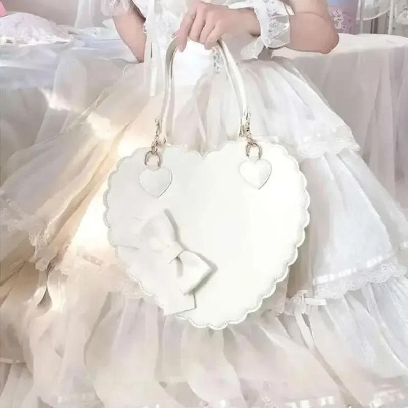 PU Heart Lolita Handbag with Bow Decor Two Sizes Japanese Kawaii Shell Purse Pink Messenger Bag Casual PU Bag